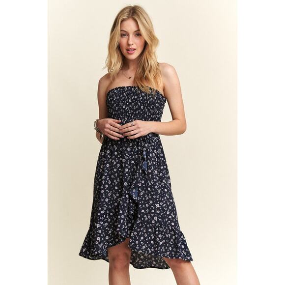 ADORA Smocked Floral Pattern Side Pockets High-Low Hem Tube Midi Dress | Navy - Picture 5 of 7